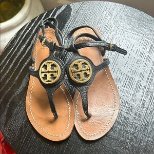 Tory Burch Black and Brown Logo Sandals